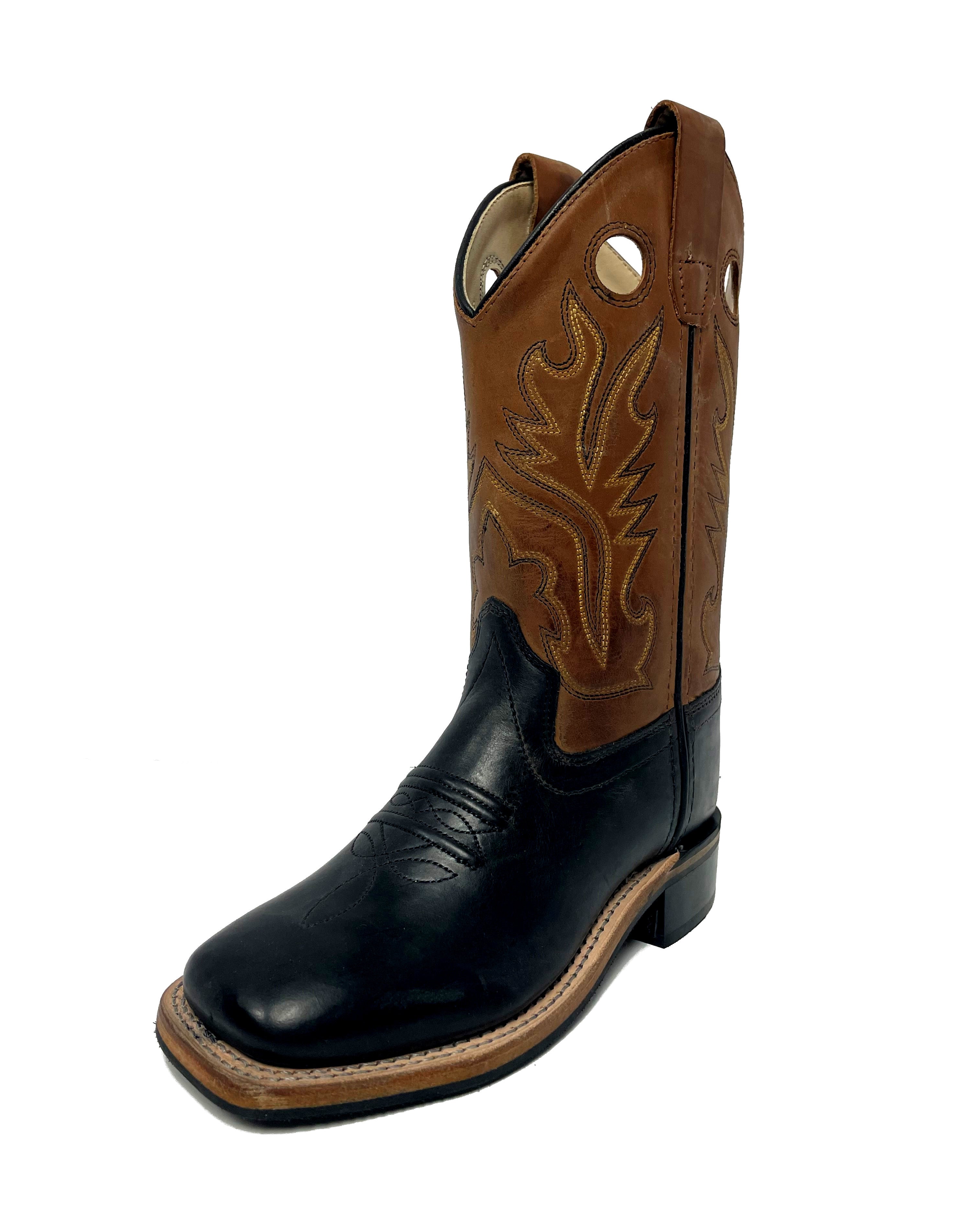 Old West BSC1810 Kids' Leather Cowboy Boots  Brown Calf, Square Toe, Goodyear Welt, Rubber Sole