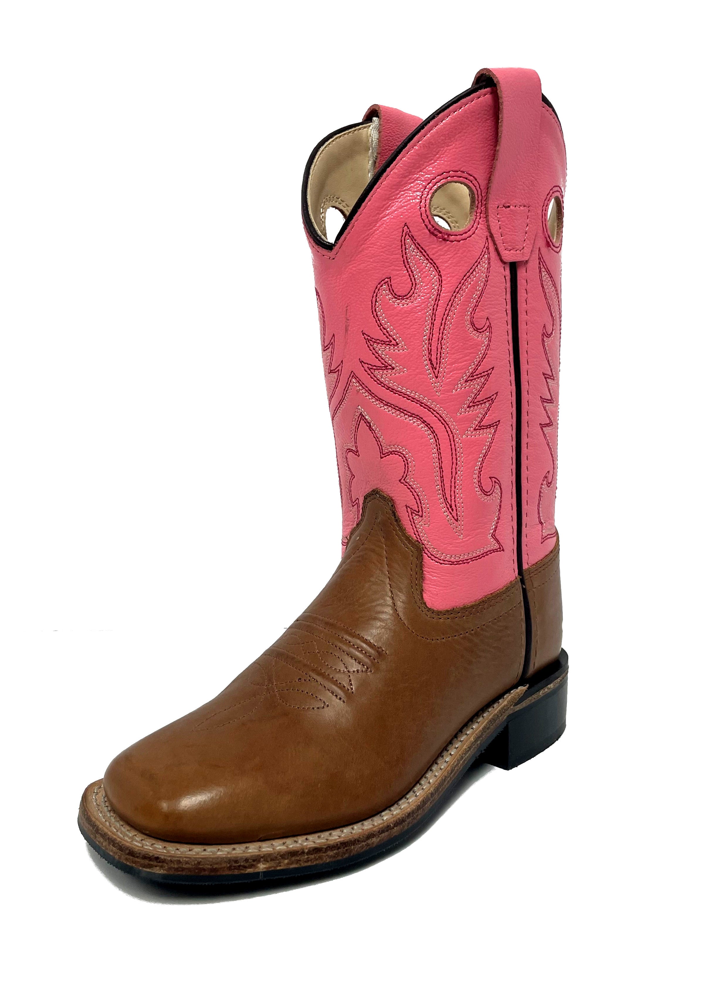 Old West BSC1839 Kids' Leather Cowboy Boots  Brown Calf, Square Toe, Goodyear Welt, Rubber Sole