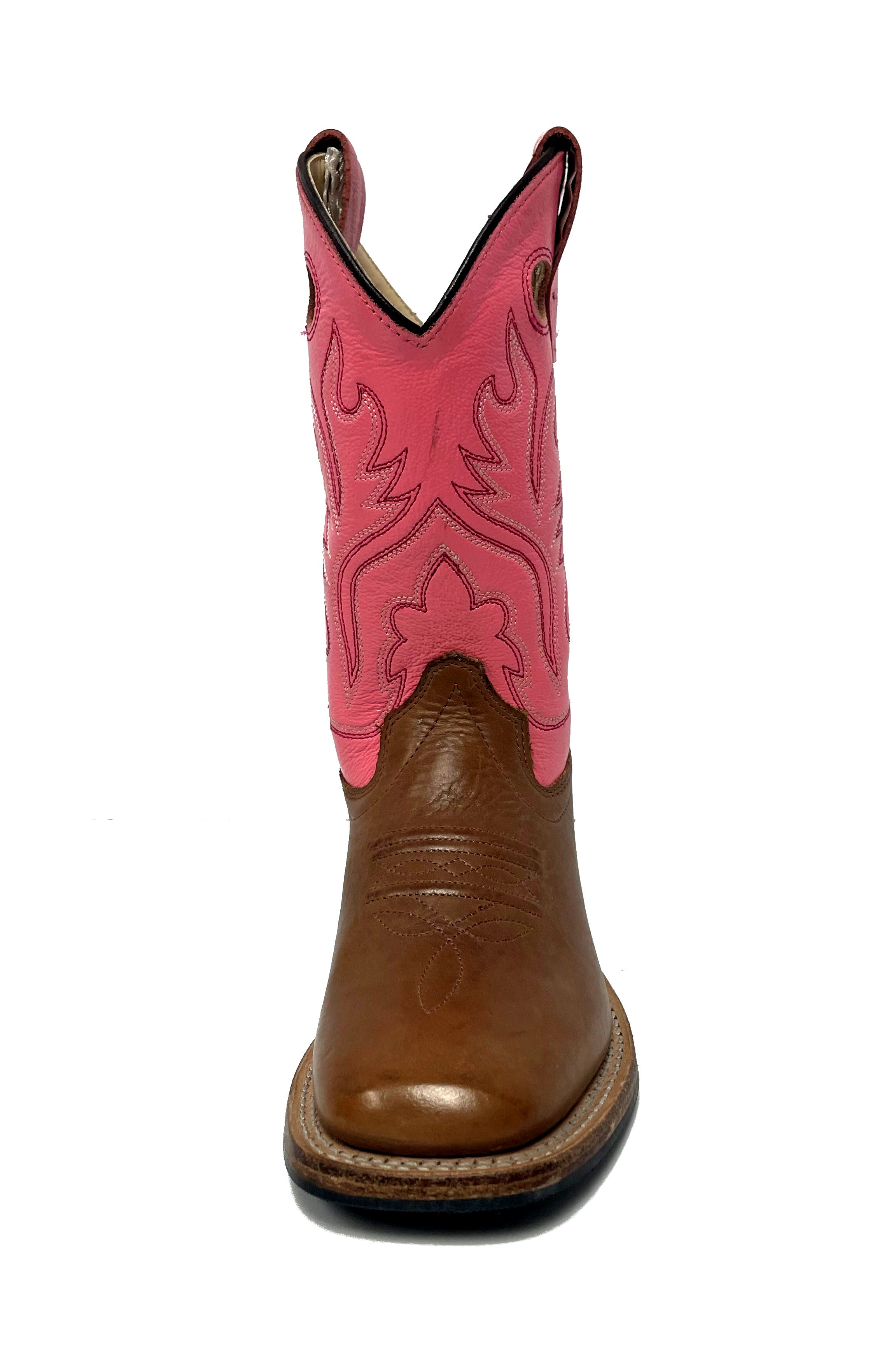 Old West BSC1839 Kids' Leather Cowboy Boots  Brown Calf, Square Toe, Goodyear Welt, Rubber Sole