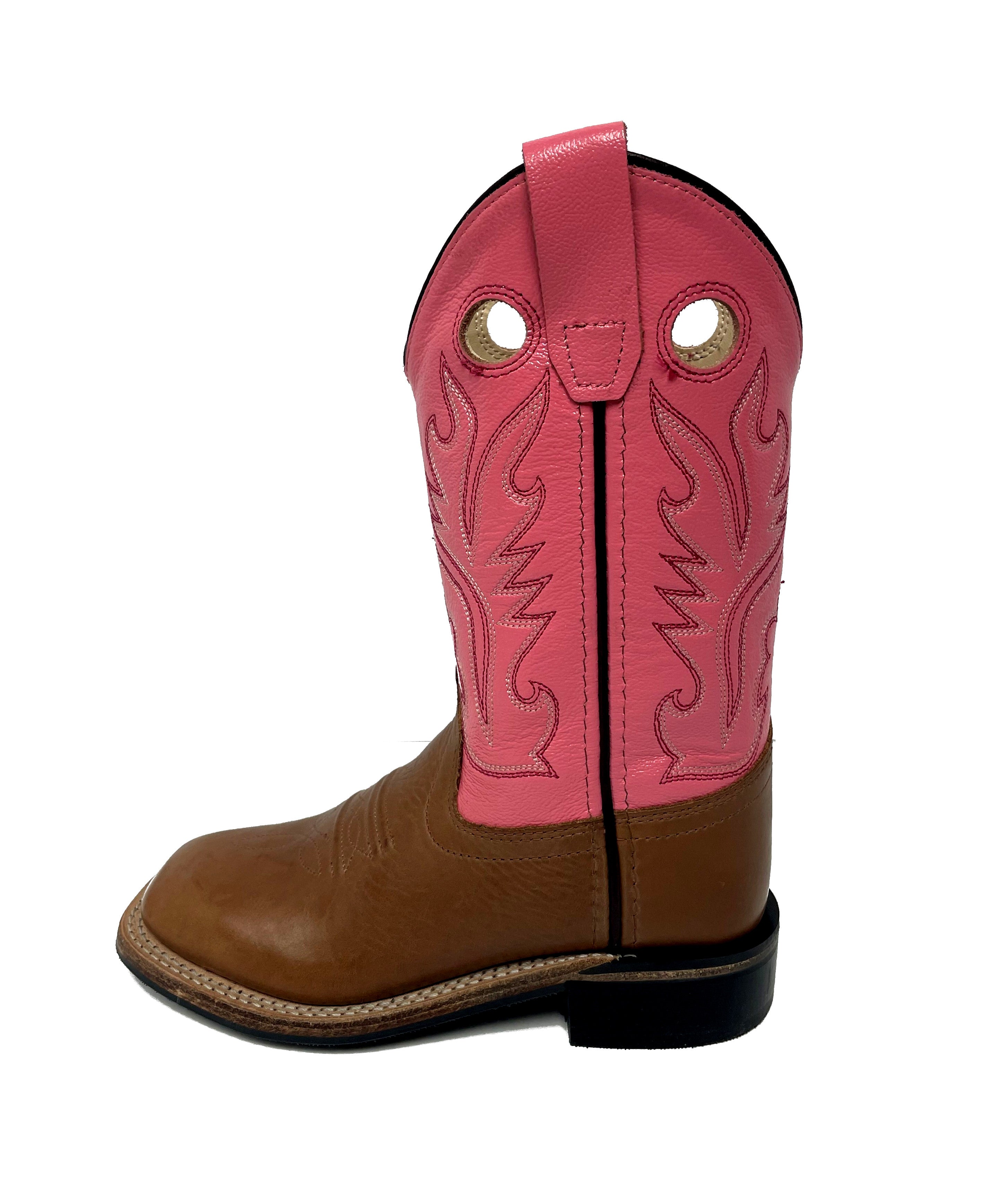 Old West BSC1839 Kids' Leather Cowboy Boots  Brown Calf, Square Toe, Goodyear Welt, Rubber Sole