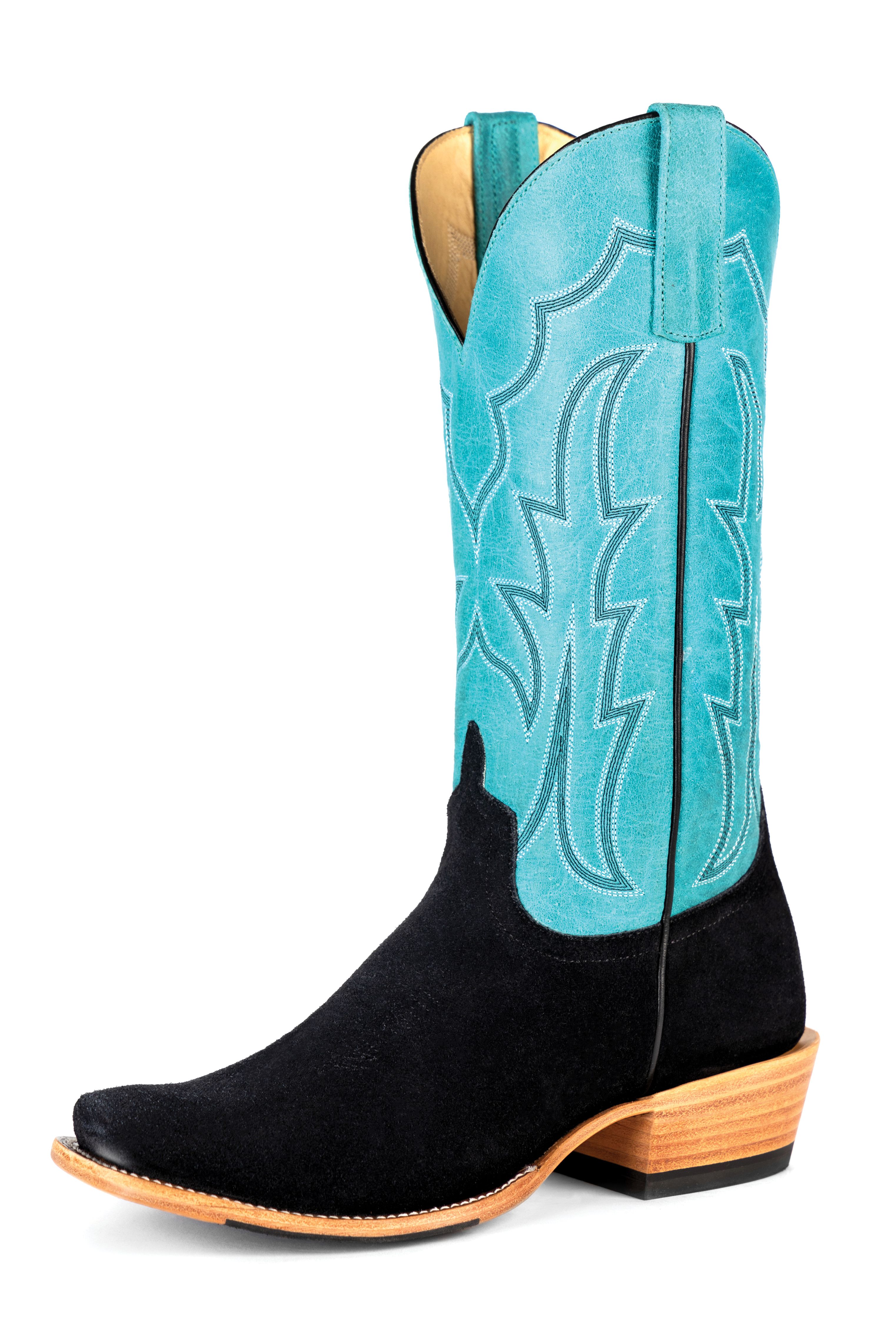 Top Hand Women's M9508 Black Suede Cowboy Boots  Turquoise Top, TK Toe, Hybrid Sole