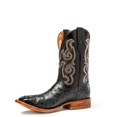 Rios of Mercedes R9003 Men's Black Full Quill Ostrich & Black Calf Cowboy Boots, Wide Square Toe