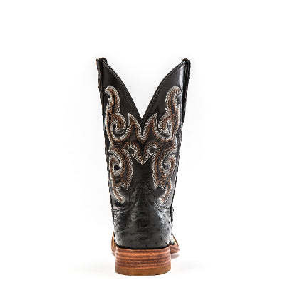 Rios of Mercedes R9003 Men's Black Full Quill Ostrich & Black Calf Cowboy Boots, Wide Square Toe