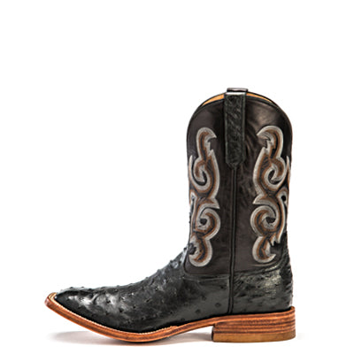 Rios of Mercedes R9003 Men's Black Full Quill Ostrich & Black Calf Cowboy Boots, Wide Square Toe