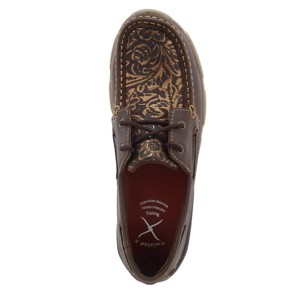 Twisted X WDM0070 Women's Boat Shoe Driving Moc - Brown with Embossed Flower, Full-Grain Leather