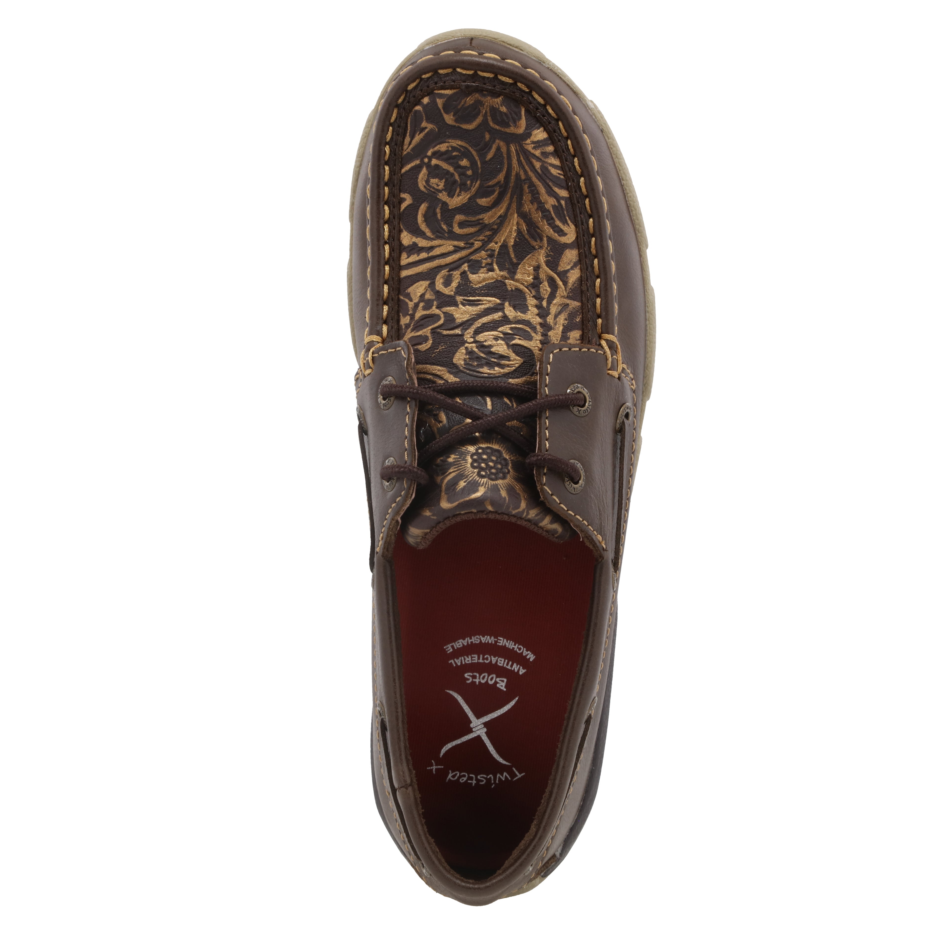 Twisted X WDM0070 Women's Boat Shoe Driving Moc - Brown with Embossed Flower, Full-Grain Leather