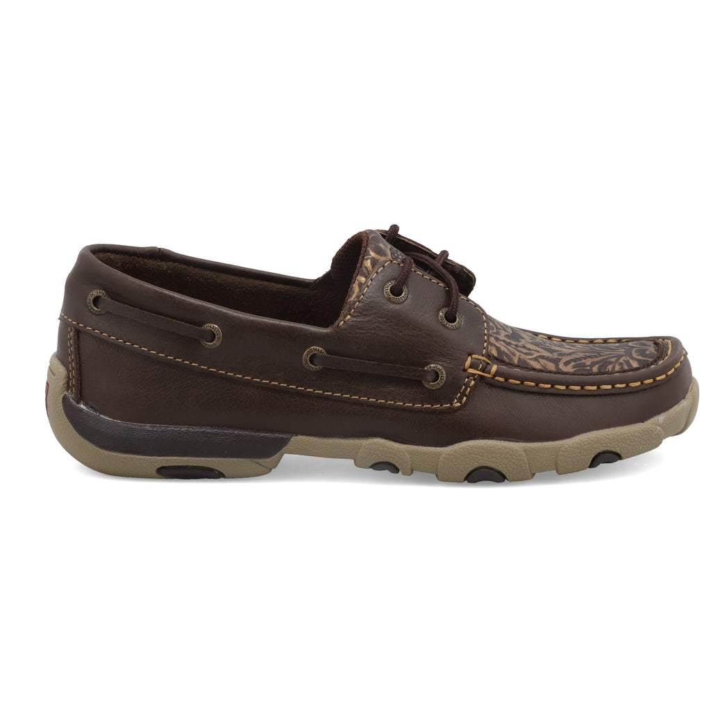 Twisted X WDM0070 Women's Boat Shoe Driving Moc - Brown with Embossed Flower, Full-Grain Leather