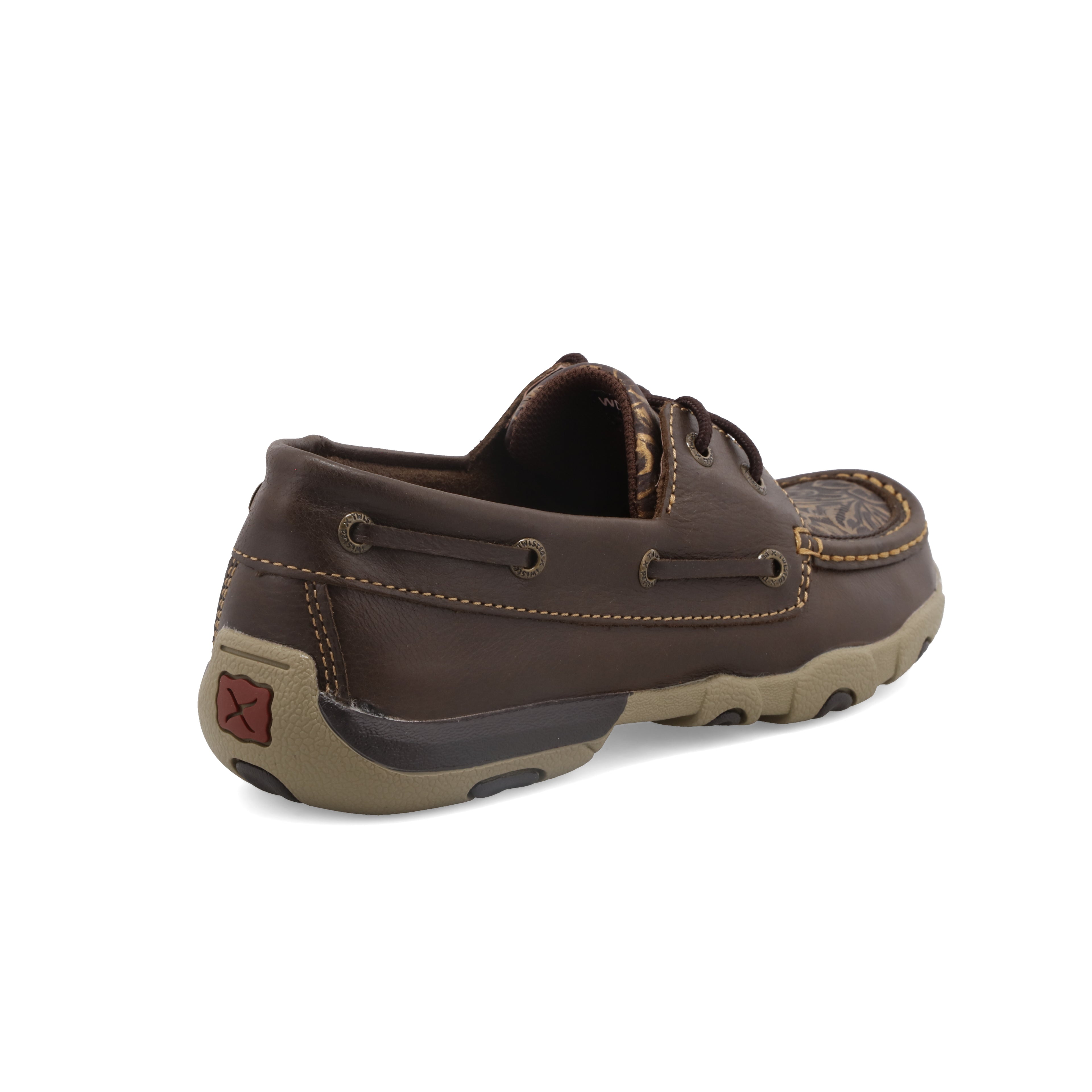 Twisted X WDM0070 Women's Boat Shoe Driving Moc - Brown with Embossed Flower, Full-Grain Leather