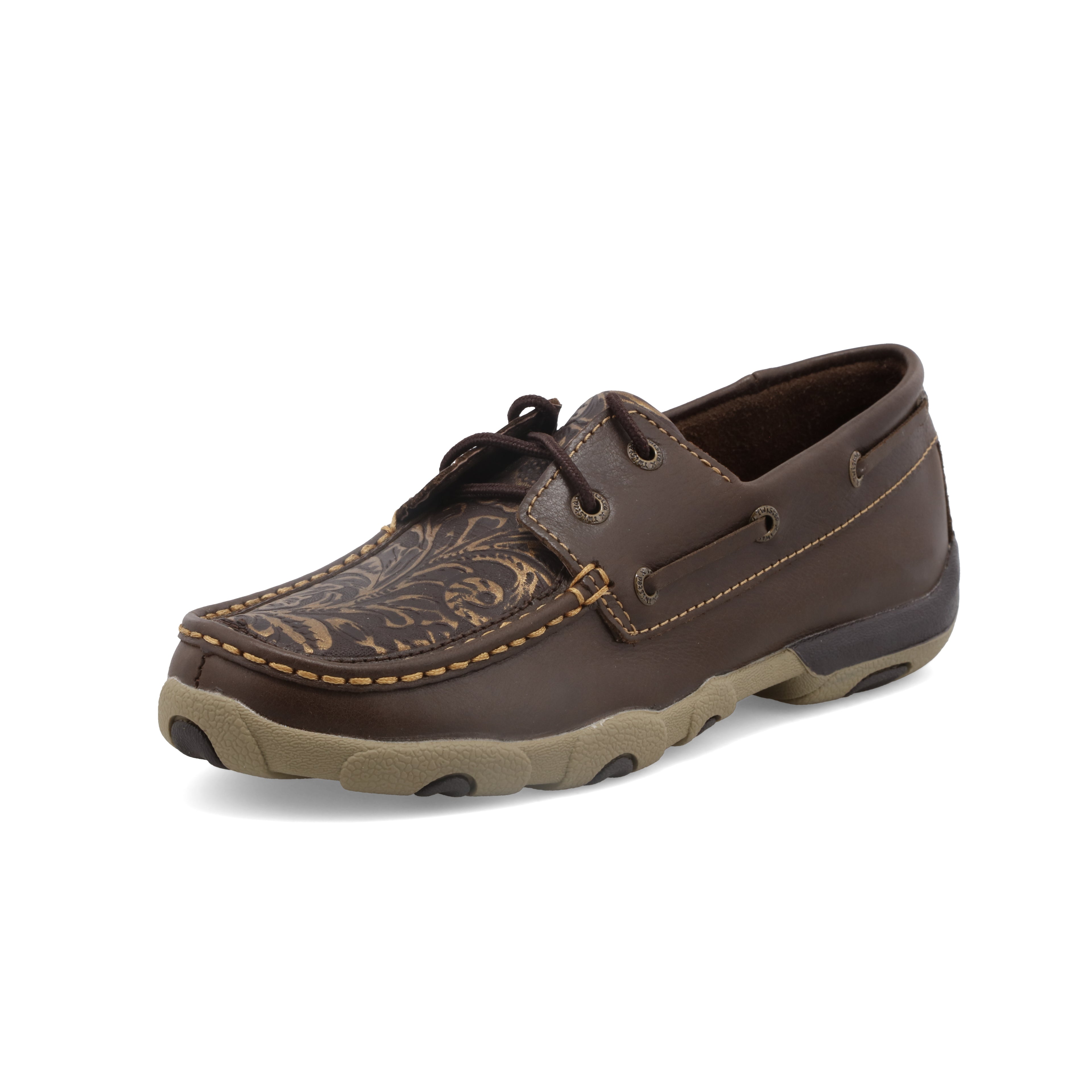 Twisted X WDM0070 Women's Boat Shoe Driving Moc - Brown with Embossed Flower, Full-Grain Leather