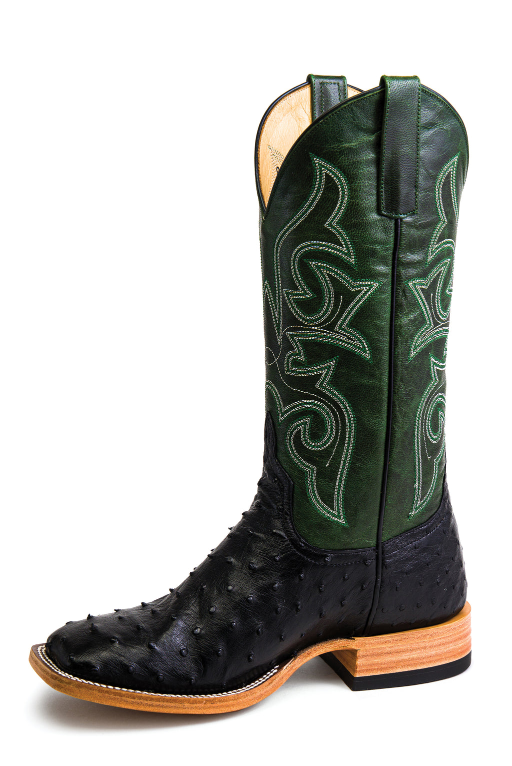 Top Hand Men's HP8004 Black Full Quill Ostrich Cowboy Boots  Emerald Green Top, DB Toe, Hybrid Sole