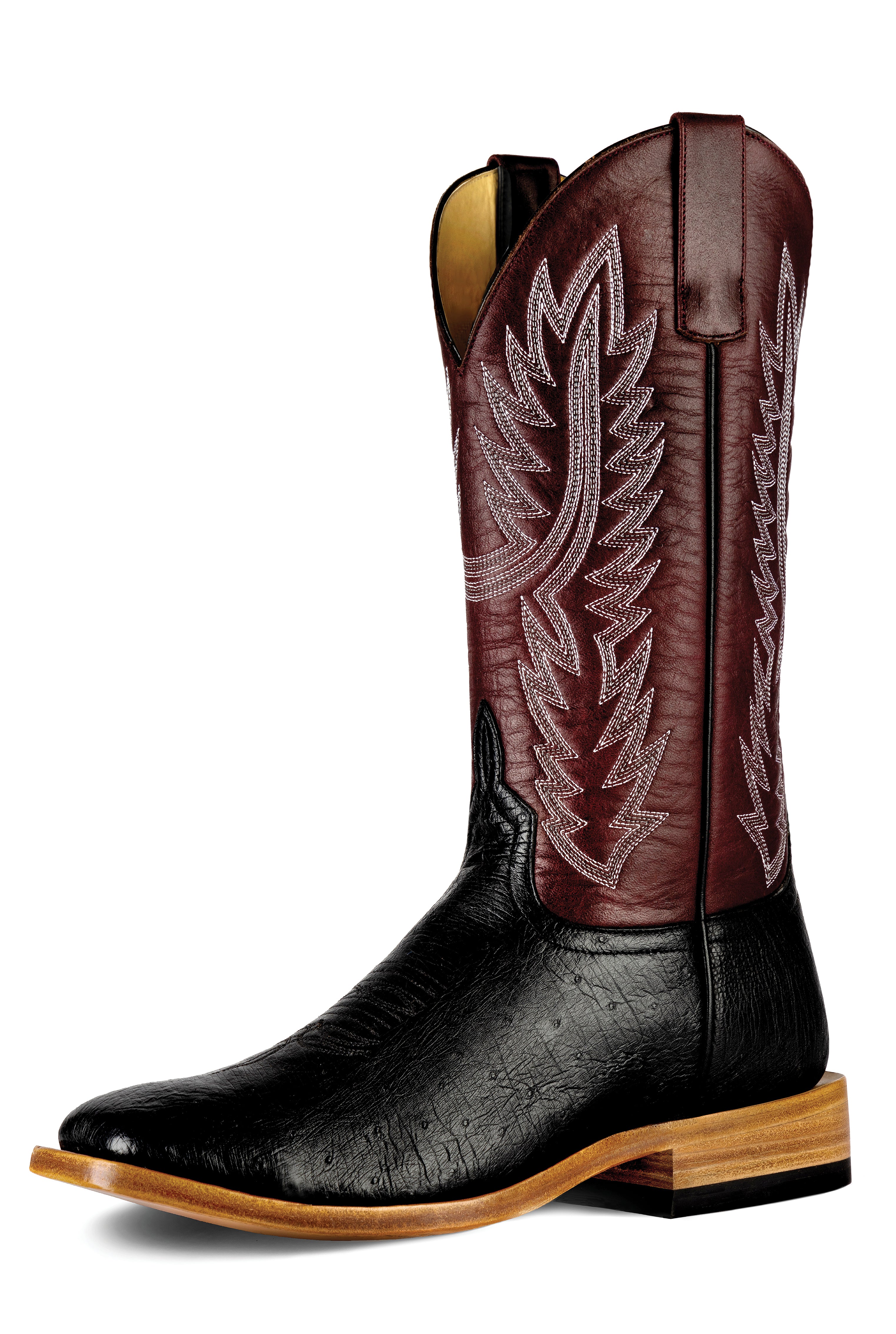 Top Hand HP8010 Men's Belly Smooth Ostrich Cowboy Boots  Maroon Shaft, Square Toe, Leather Sole