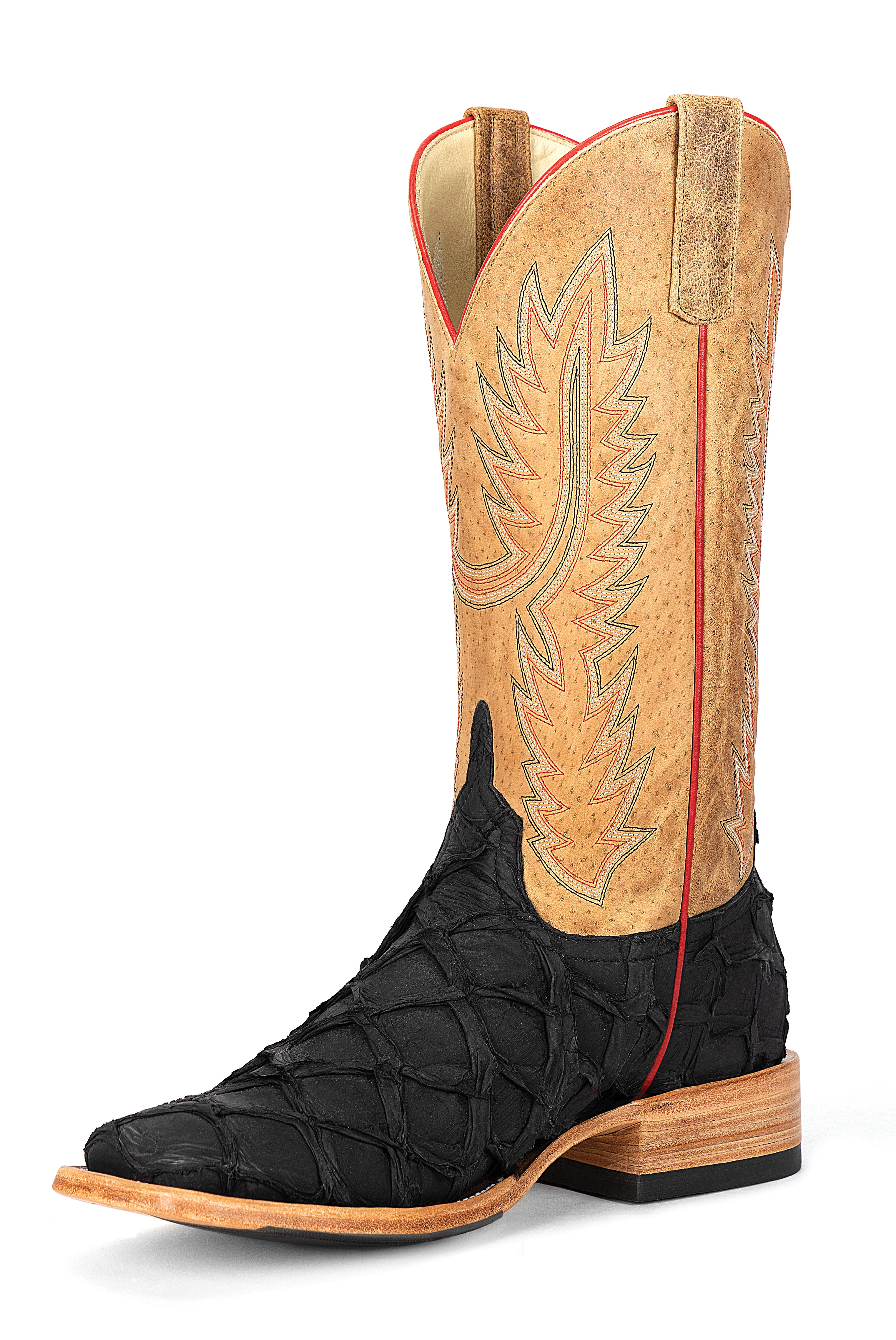 Top Hand Men's HP8062 Black Matte Big Bass Cowboy Boots  Tan Top, DB Toe, Roper Heel, Hybrid Sole