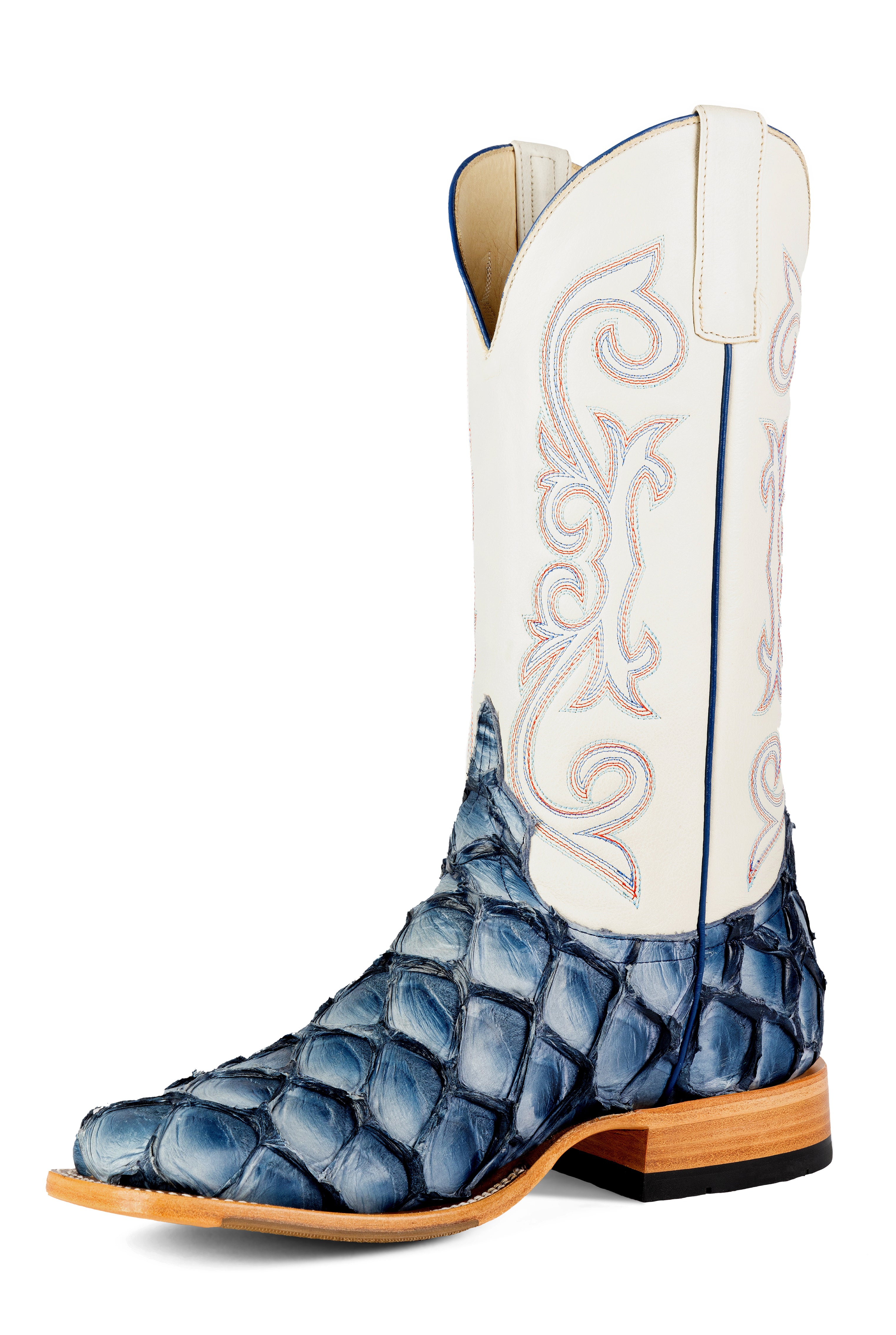 Top Hand Men's HP8070 Sky Blue Big Bass Cowboy Boots  Cream Hotshot Shaft, DB Toe, Tan Hybrid Sole