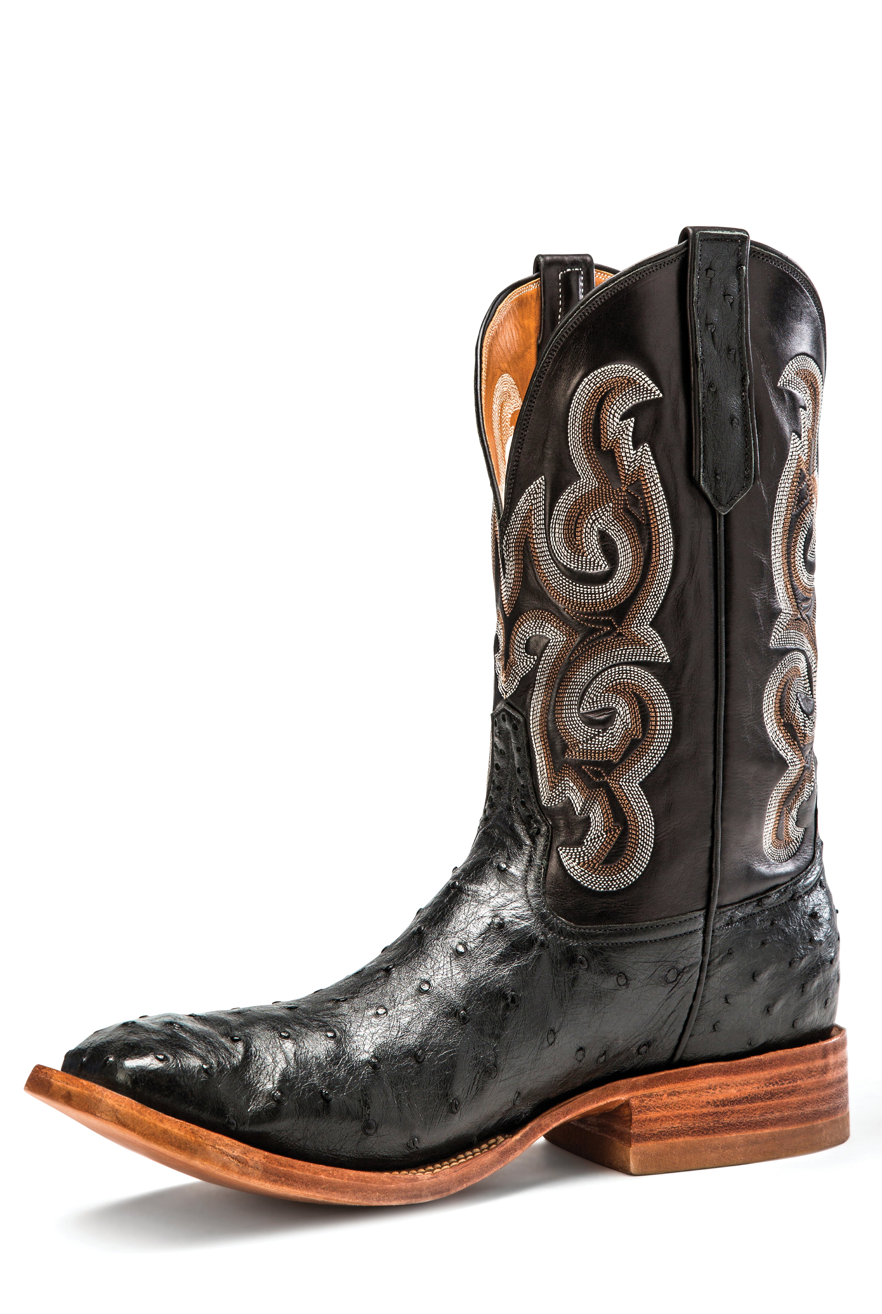Rios of Mercedes R9003 Men's Black Full Quill Ostrich & Black Calf Cowboy Boots, Wide Square Toe