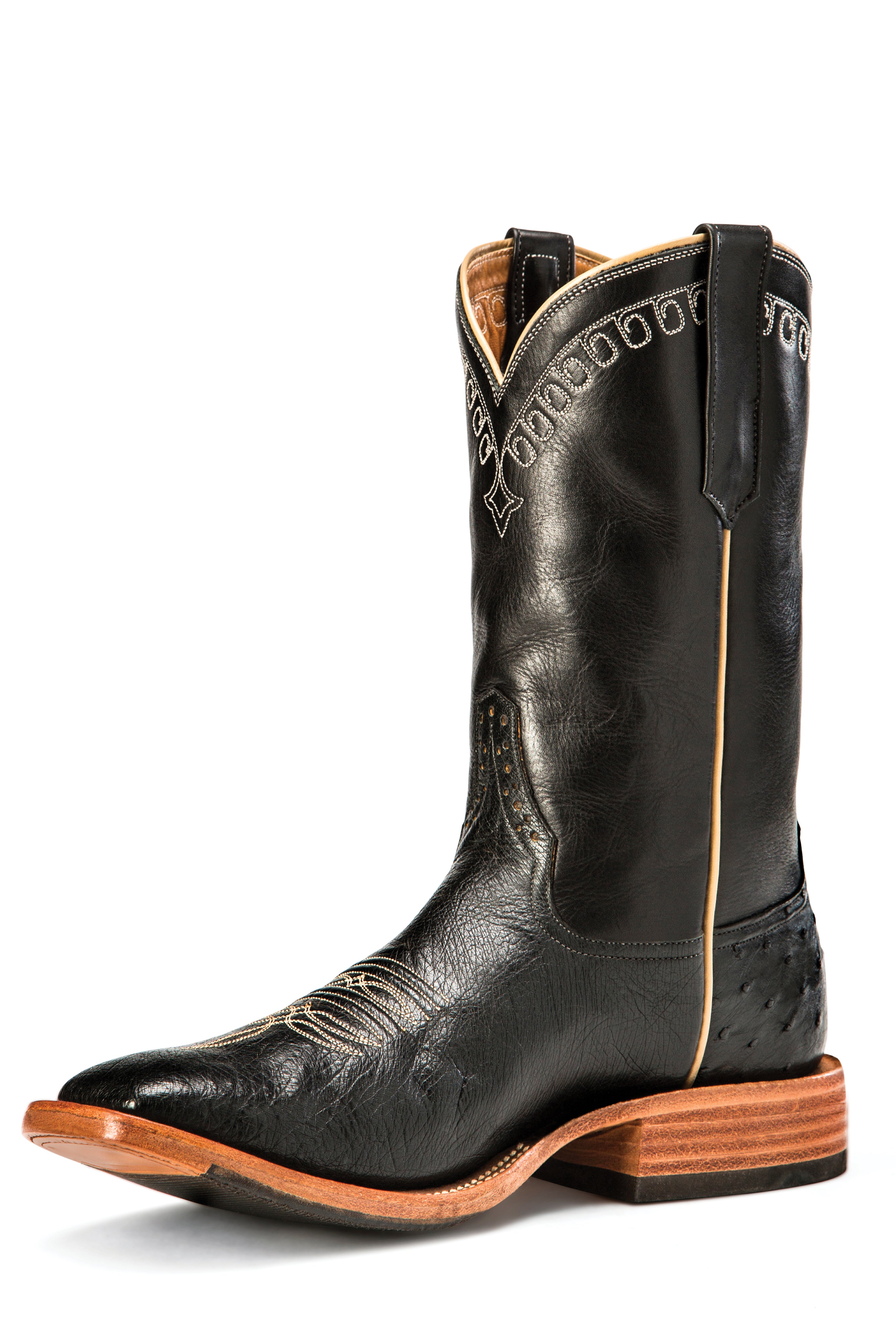 Rios of Mercedes R9004 Men's 11-inch Black Smooth Ostrich & Black Calf Cowboy Boots - Hybrid Sole