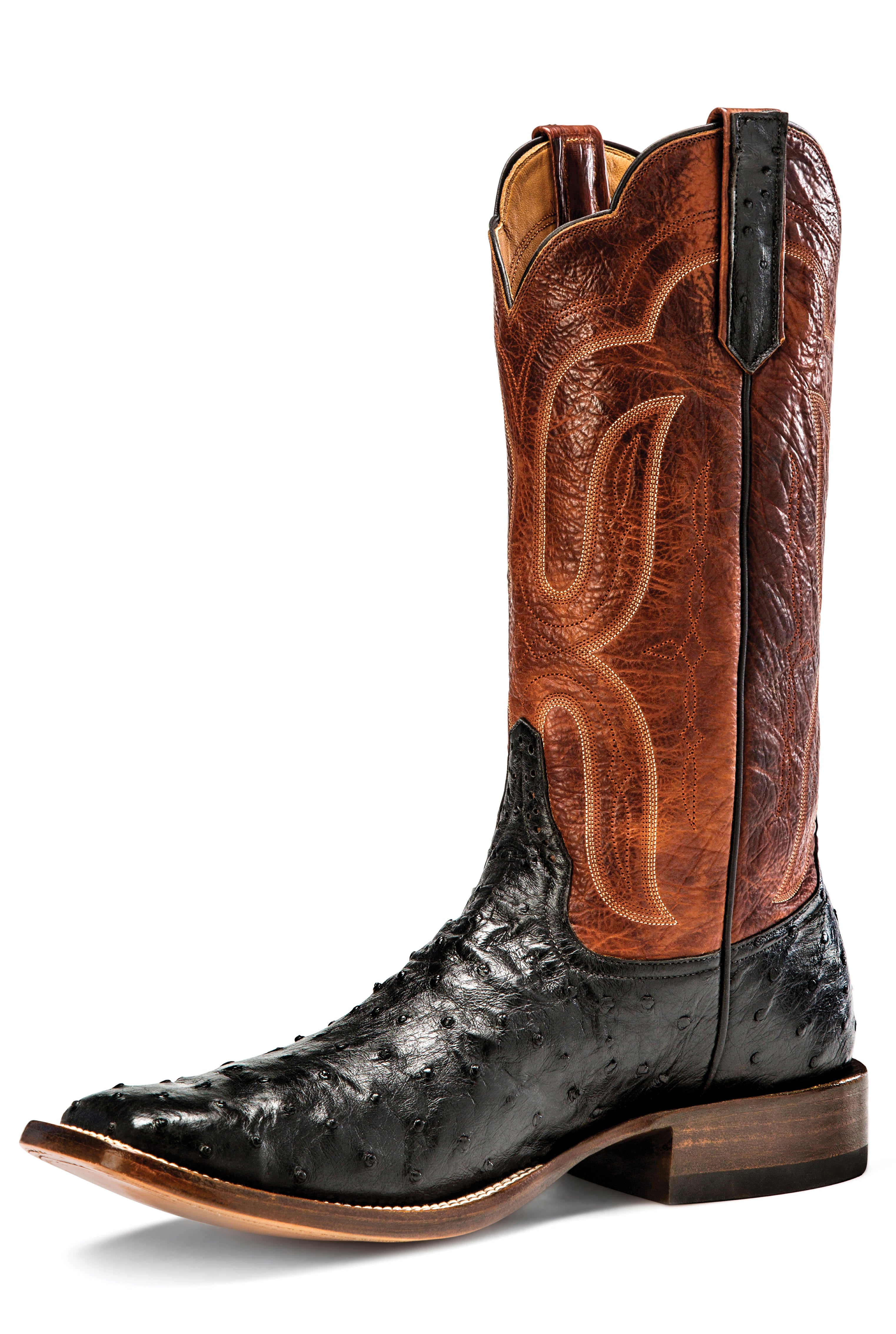 Rios of Mercedes R9021 Men's Black Full Quill Ostrich & Brown Waxy Calf Cowboy Boots - Square Toe