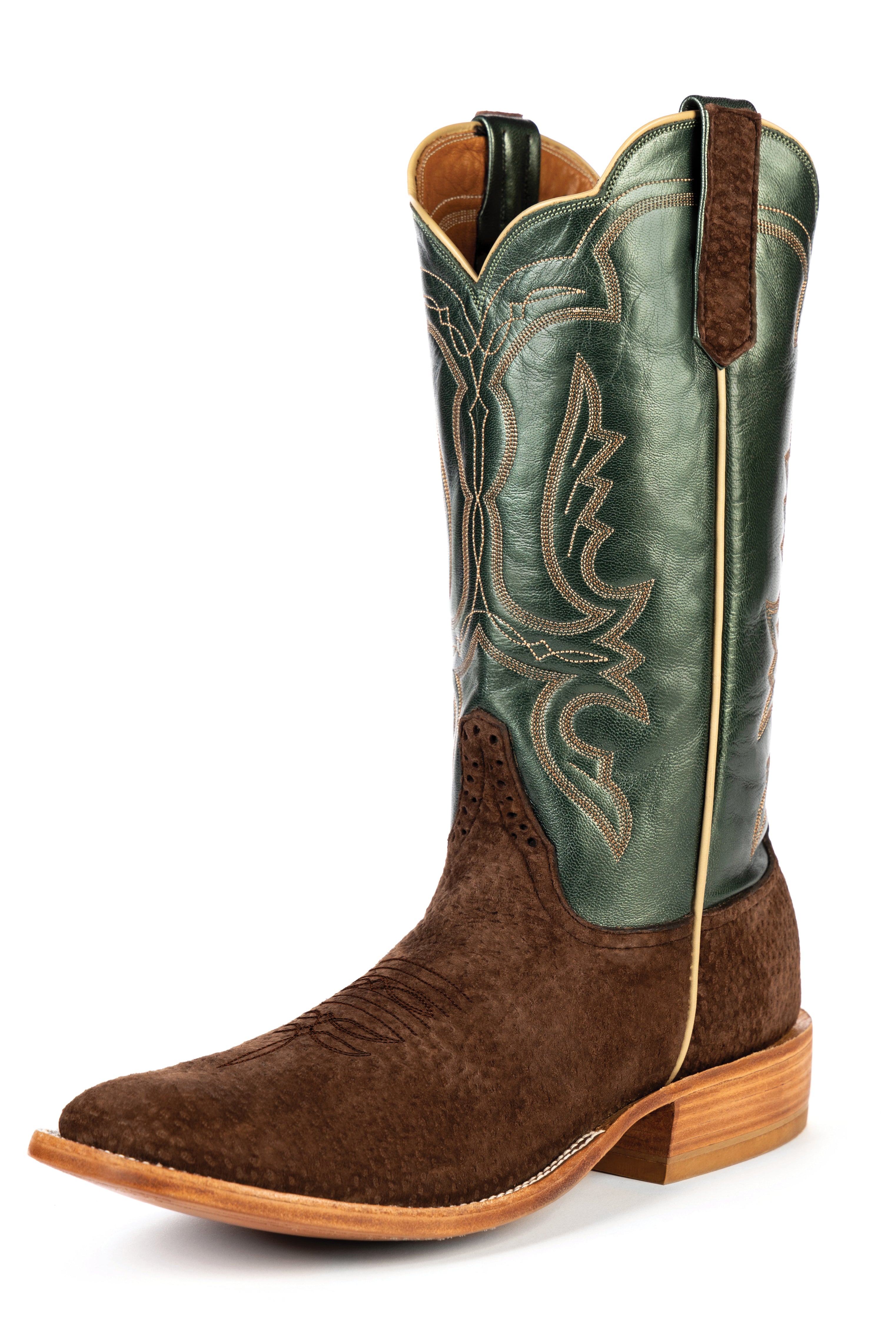 Rios of Mercedes R9029 Men's Green Velver Luster Kidskin & Caf Carpincho Cowboy Boots - Milan Toe