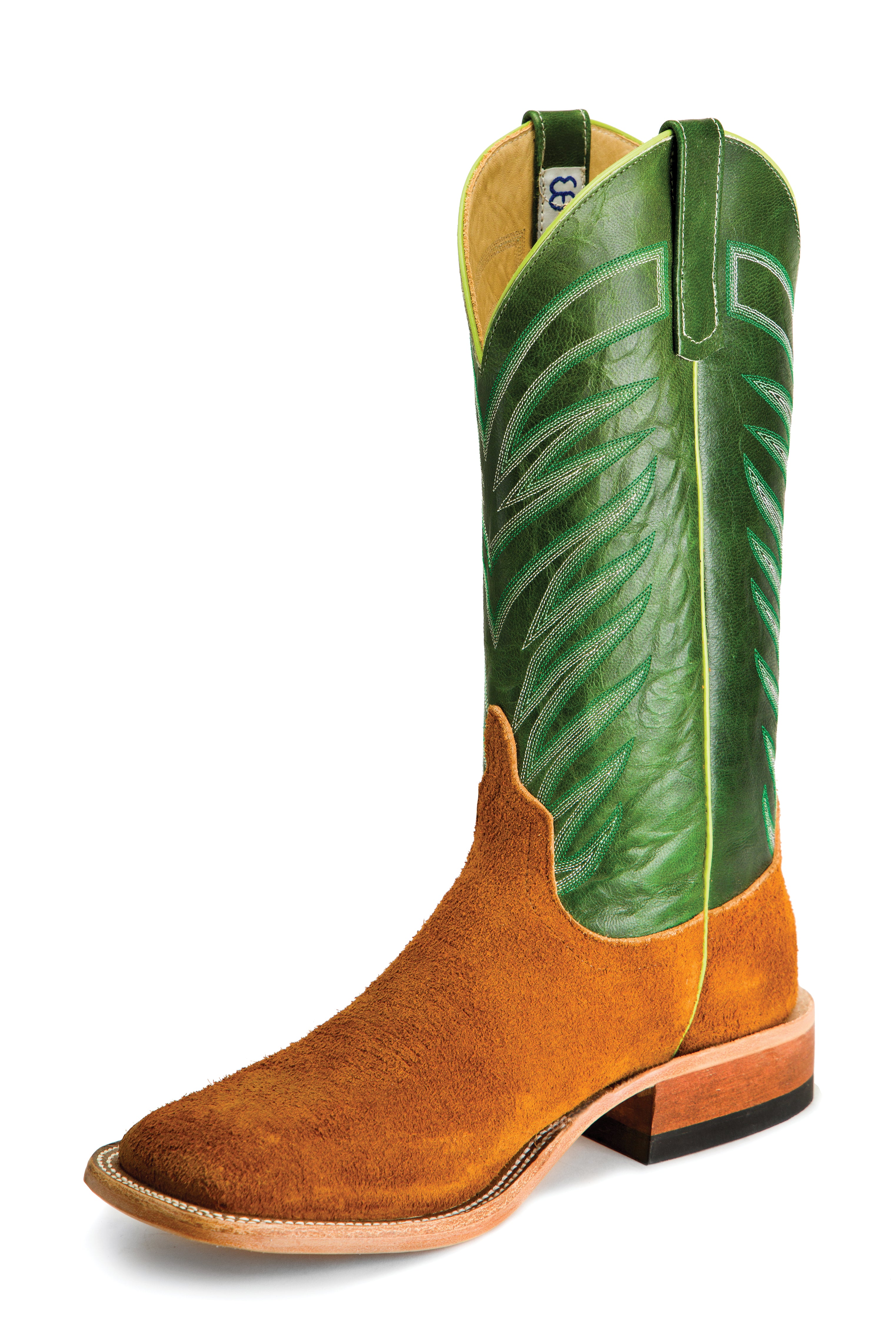 Anderson Bean S3012 Men's Rust Crazyhorse Roughout Cowboy Boots, Emerald Top, Leather Sole, DB Toe