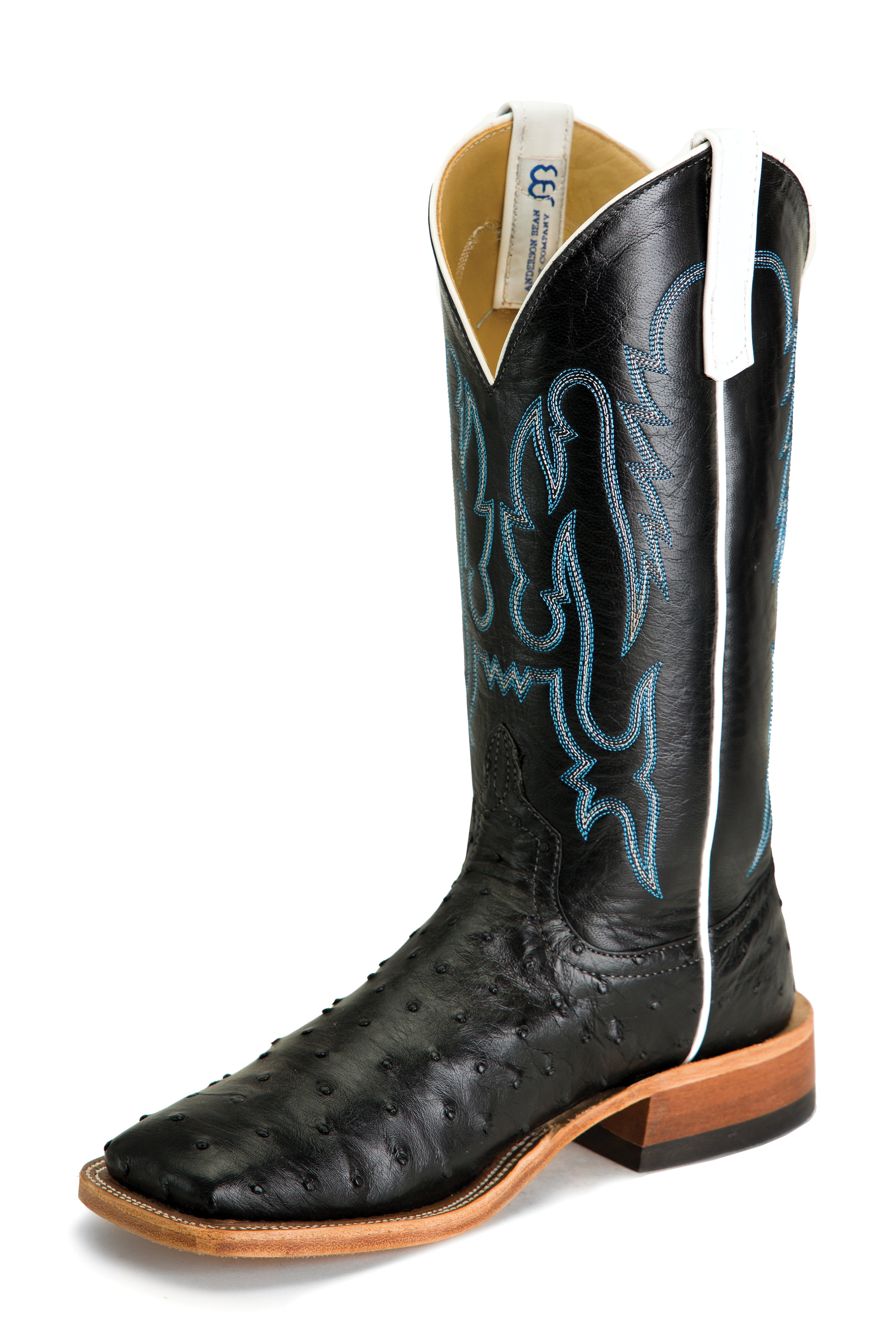 Anderson Bean S3015 Womens Black Full Quill Ostrich Cowboy Boots, Kidskin Top, Wide Square Toe