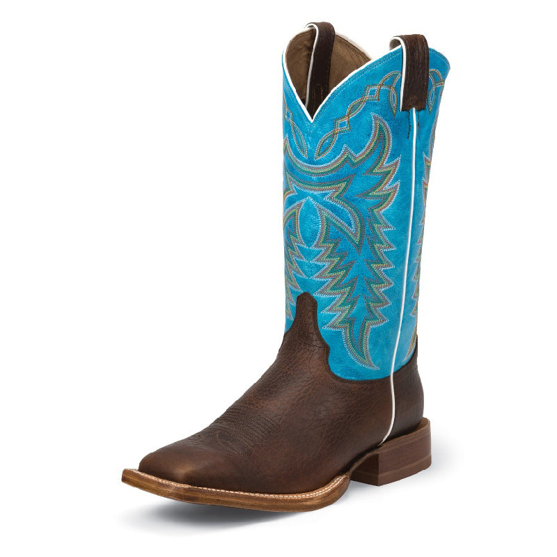 Justin 2853 Men's Hidalgo CPX Whiskey Brown Grit Cowboy Boots   Circo Blue Shaft, Wide Square Toe