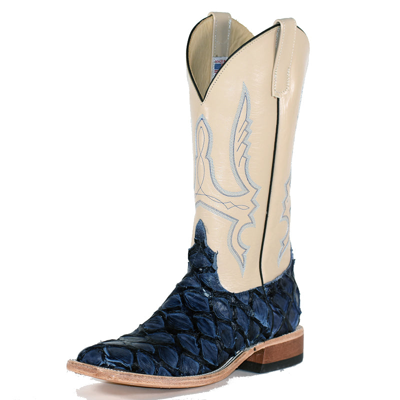 Anderson Bean 2315A Ladies' Navy Blue Big Bass Cowboy Boots, Ivory Top, Leather Sole & Heel