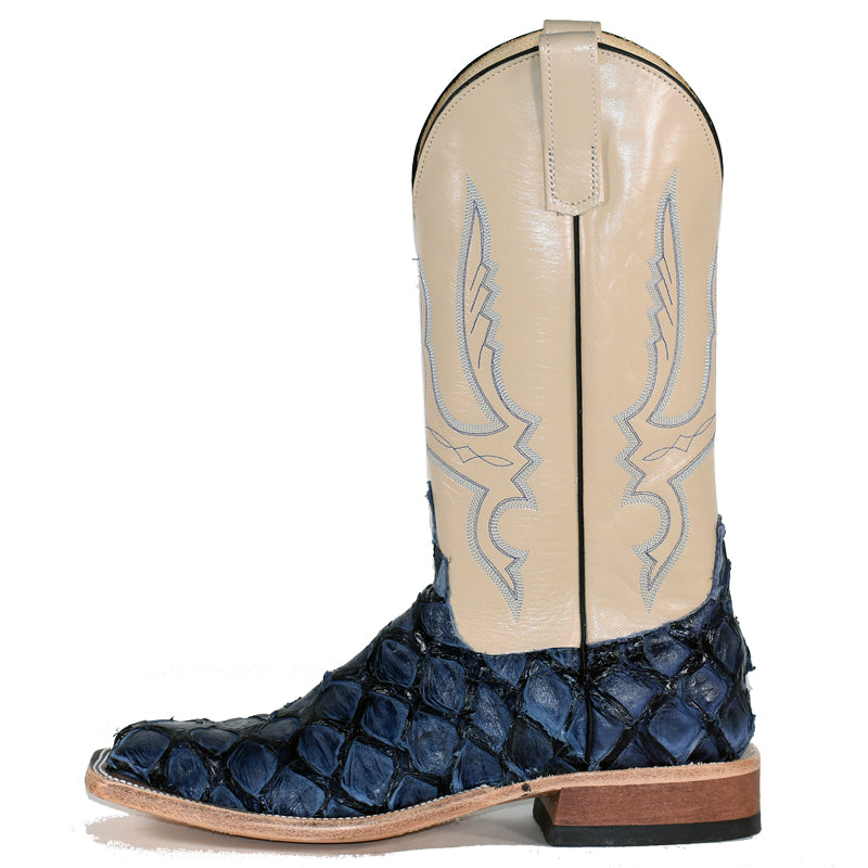 Anderson Bean 2315A Ladies' Navy Blue Big Bass Cowboy Boots, Ivory Top, Leather Sole & Heel