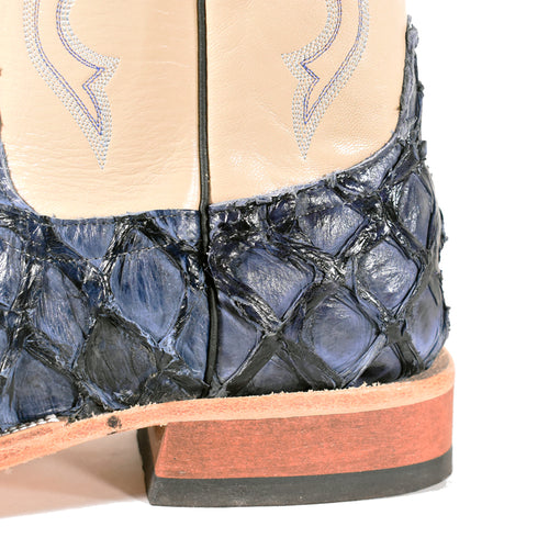 Anderson Bean 2315A Ladies' Navy Blue Big Bass Cowboy Boots, Ivory Top, Leather Sole & Heel