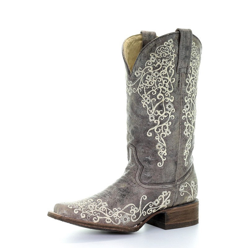 Corral Boots A2663 Women's Brown Crater Embroidered Leather Cowboy Boots  Square Toe