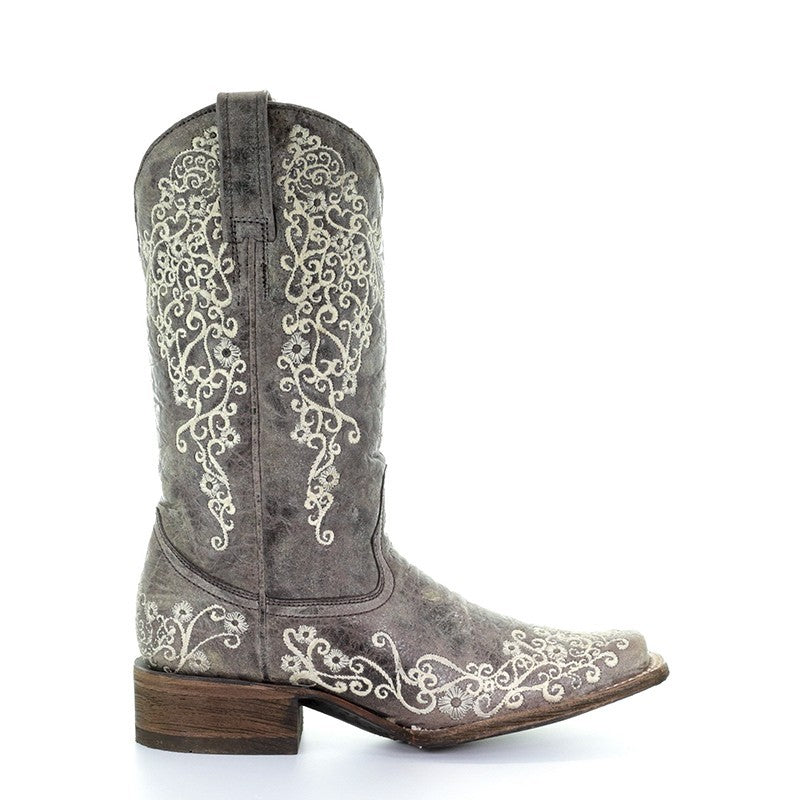 Corral Boots A2663 Women's Brown Crater Embroidered Leather Cowboy Boots  Square Toe