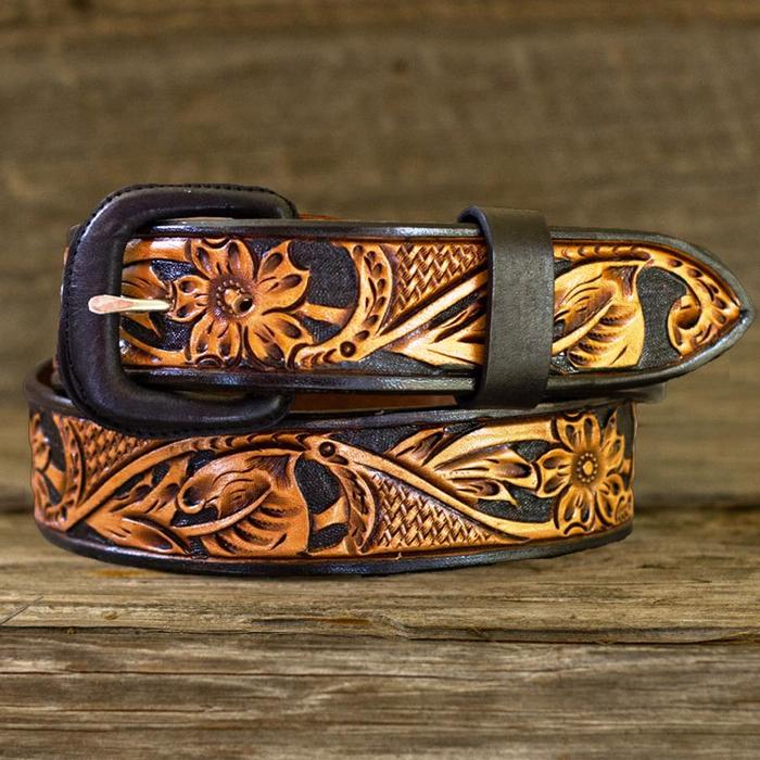 Leather Belt -Two-Toned Black/Russet Floral