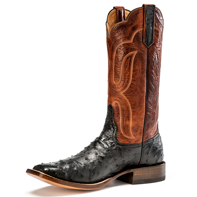 Rios of Mercedes R9021 Men's Black Full Quill Ostrich & Brown Waxy Calf Cowboy Boots - Square Toe