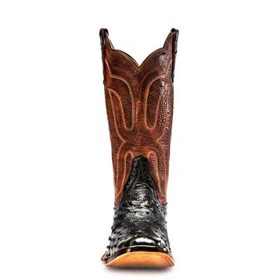 Rios of Mercedes R9021 Men's Black Full Quill Ostrich & Brown Waxy Calf Cowboy Boots - Square Toe