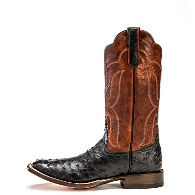 Rios of Mercedes R9021 Men's Black Full Quill Ostrich & Brown Waxy Calf Cowboy Boots - Square Toe