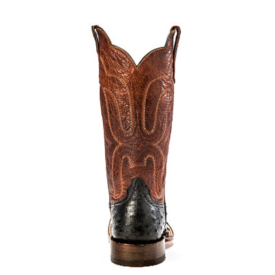 Rios of Mercedes R9021 Men's Black Full Quill Ostrich & Brown Waxy Calf Cowboy Boots - Square Toe
