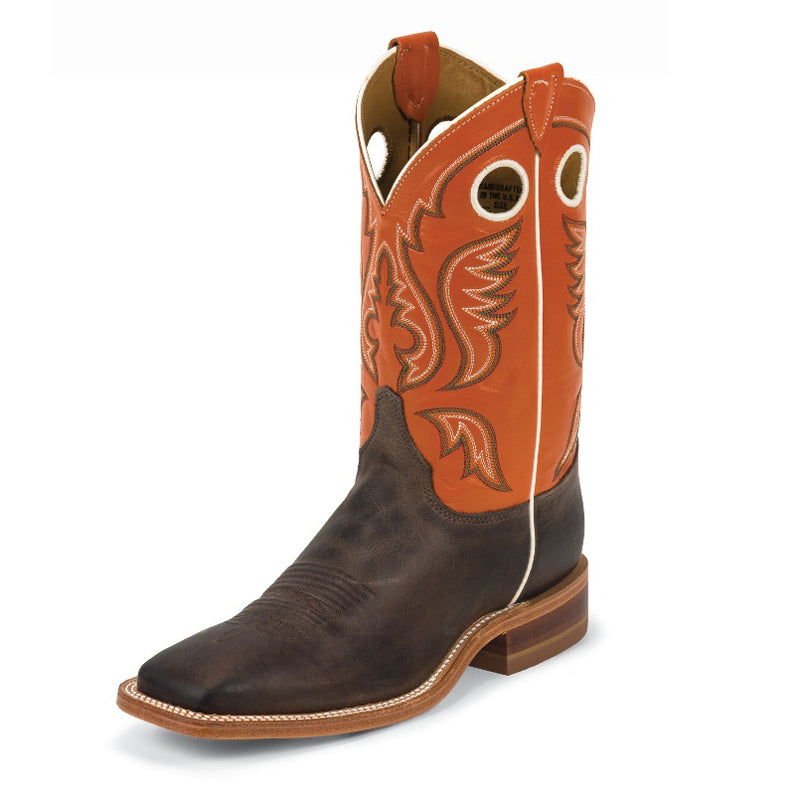 Justin BR314 Men's Bent Rail Chocolate Burnished Cowboy Boots  Light Orange Shaft, Square Toe