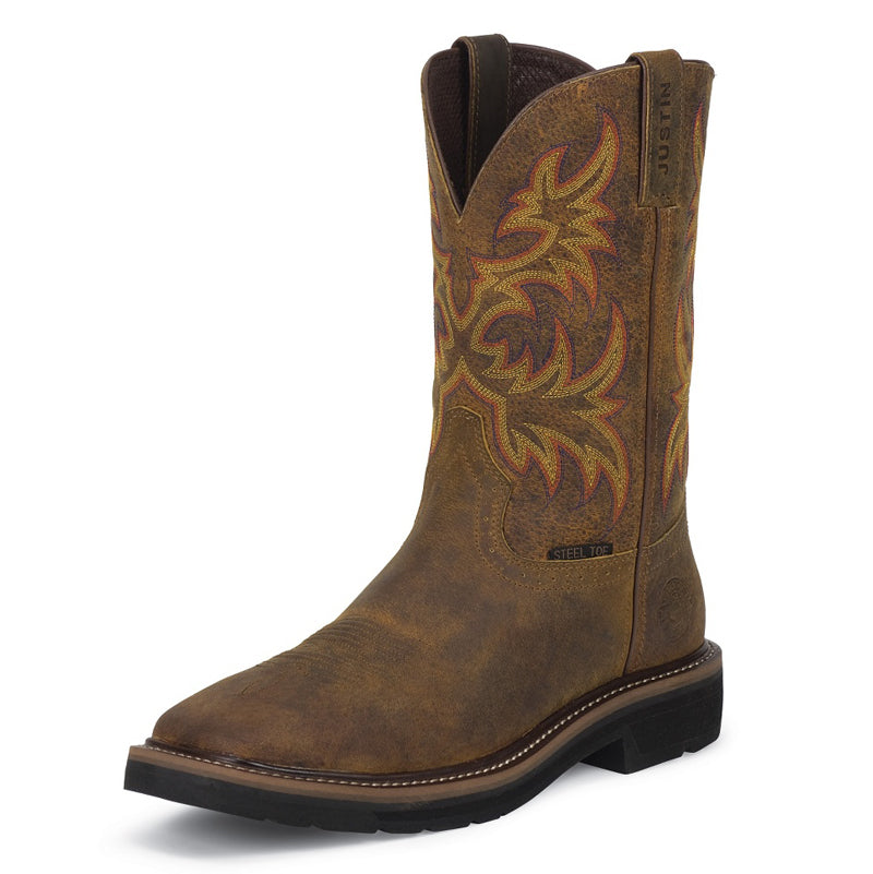 Justin SE4682 Men's Driller Rugged Tan Western Work Boots  Steel Toe, Stampede Rubber