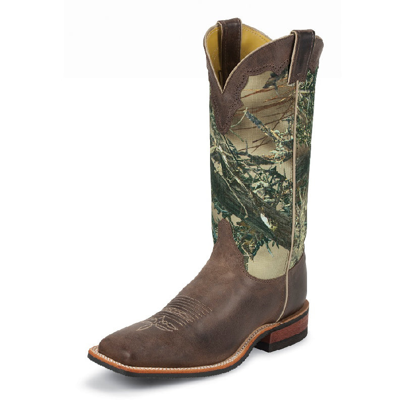 Justin BR355 Men's Chocolate America Cowhide Cowboy Boots  Camo Shaft, Square Toe, Rubber Sole