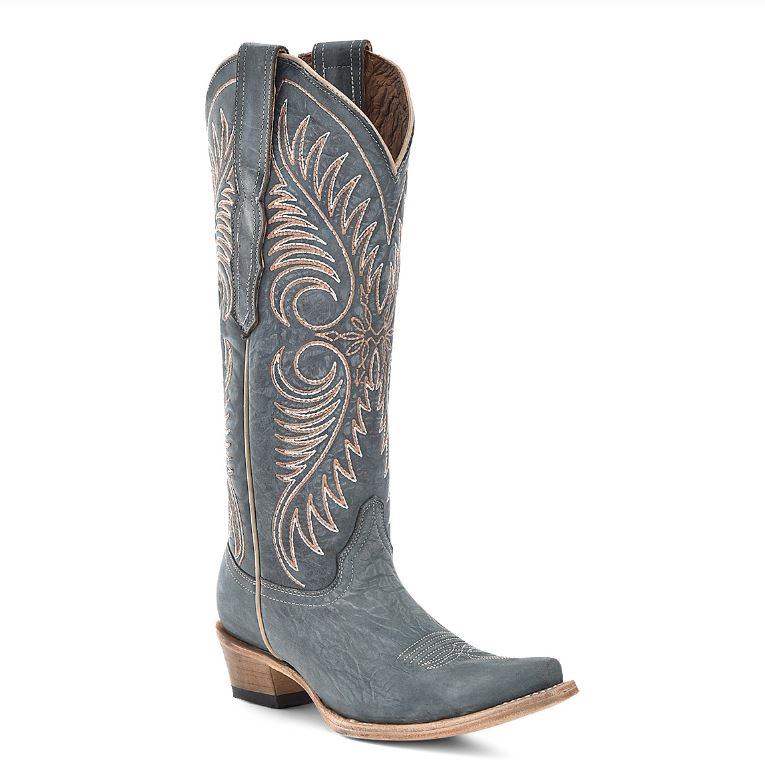 Corral Boots L6120 Women's Distressed Blue Embroidered Cowhide Cowboy Boots  Snip Toe