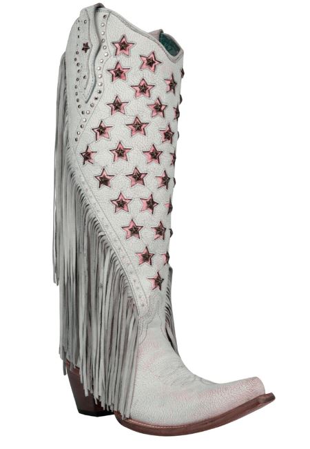 Corral Boots C4084 Women's Embroidery Pink Stars with Lamb Fringe White Cowboy Boots - Snip Toe