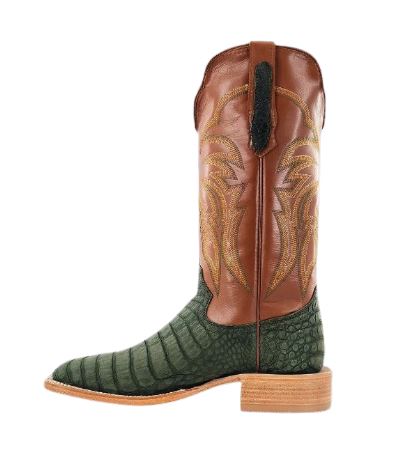 R. Watson RW2006-2 Men's Caiman Belly Cowboy Boots  Olive Green, Wide Square Toe, Leather Heel