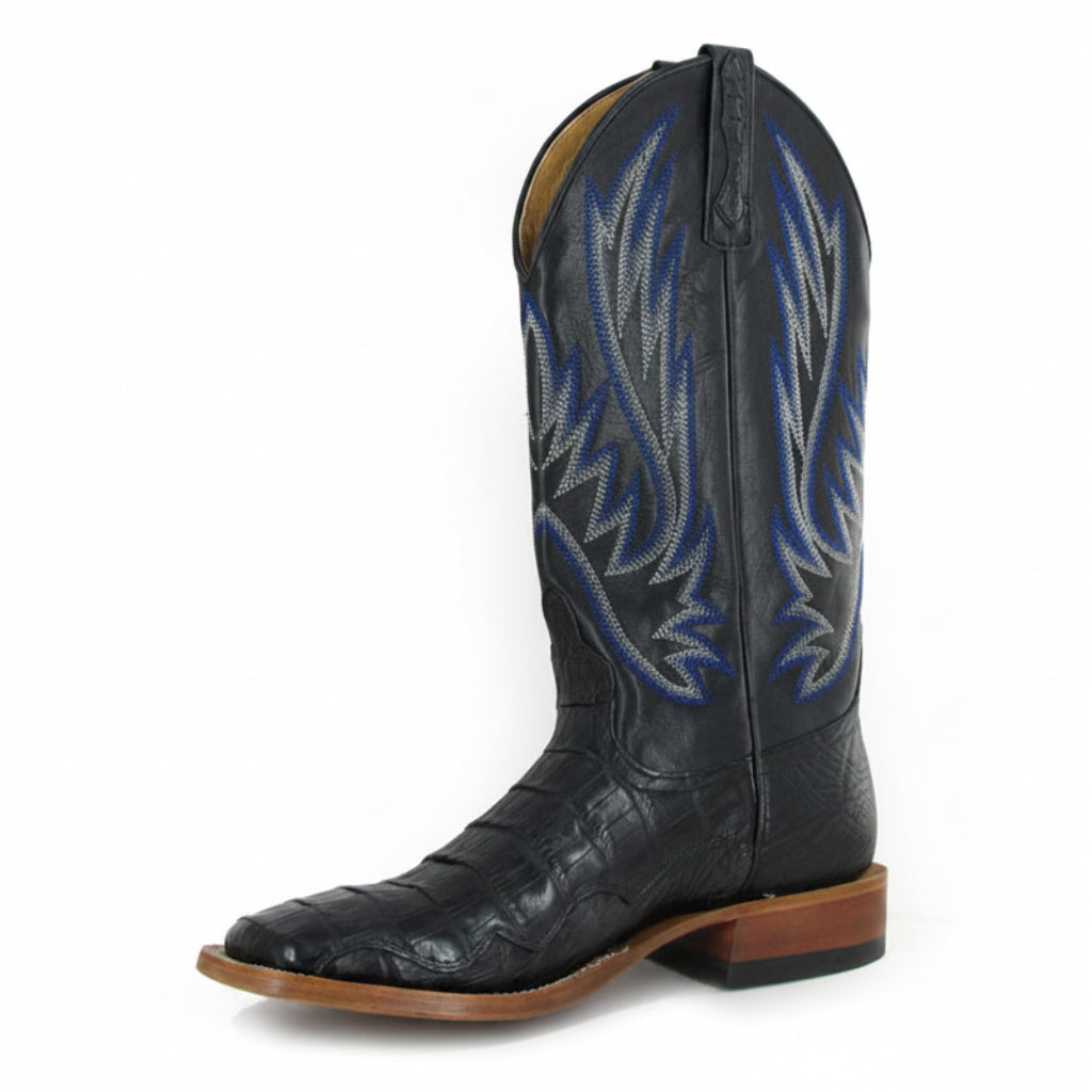Horse Power HP1770 Men's Black Caiman Cowboy Boots - Black Goat Top, DB Wide Square, Roper Heel