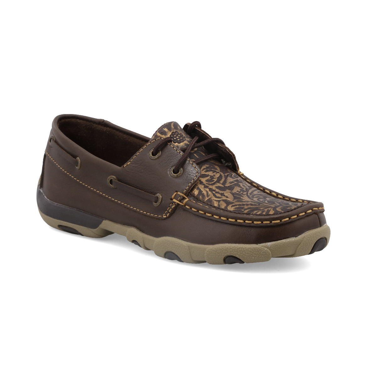 Twisted X WDM0070 Women's Boat Shoe Driving Moc - Brown with Embossed Flower, Full-Grain Leather