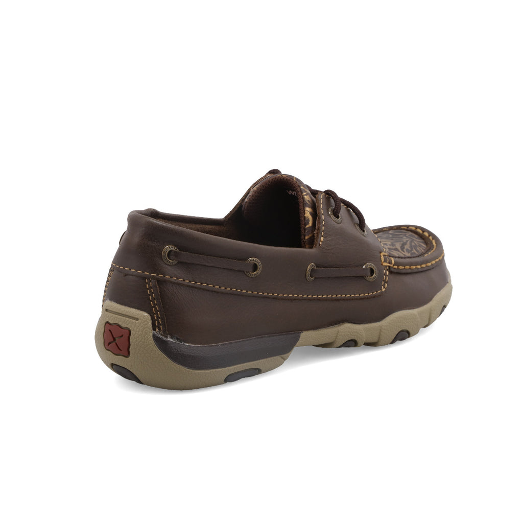 Twisted X WDM0070 Women's Boat Shoe Driving Moc - Brown with Embossed Flower, Full-Grain Leather
