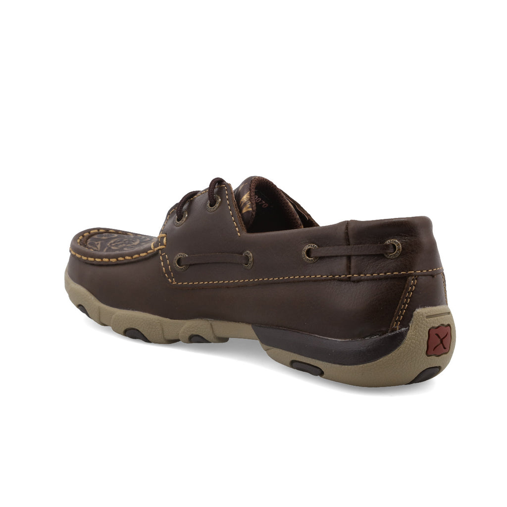 Twisted X WDM0070 Women's Boat Shoe Driving Moc - Brown with Embossed Flower, Full-Grain Leather