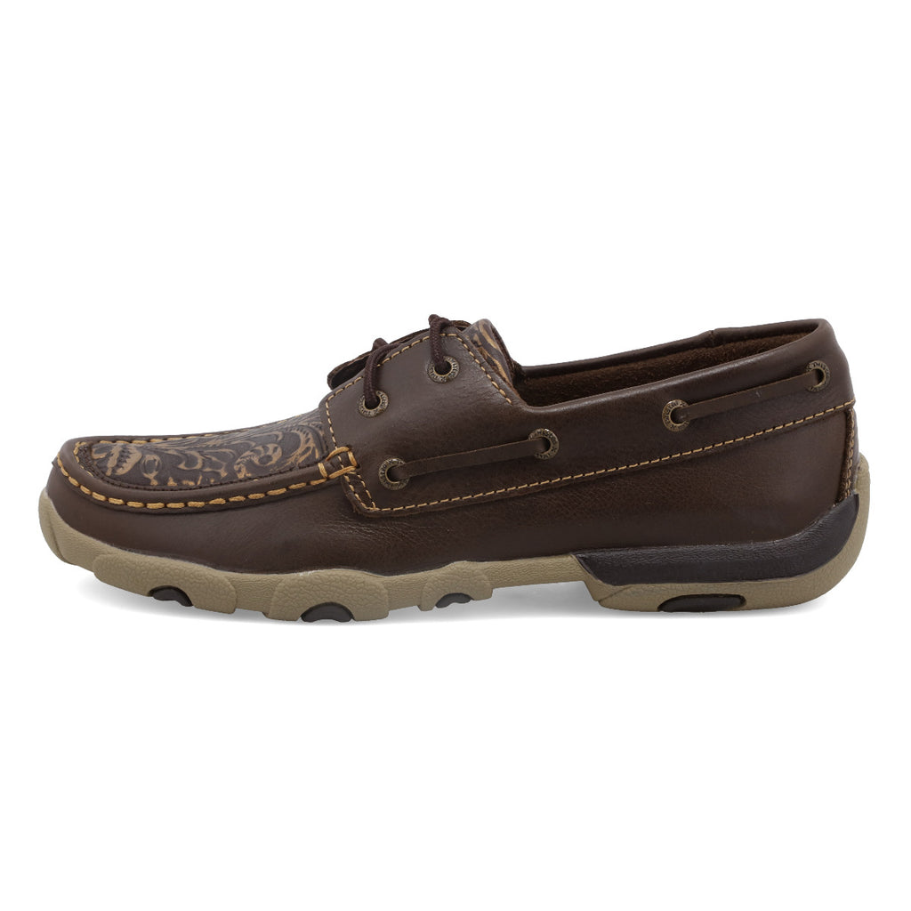 Twisted X WDM0070 Women's Boat Shoe Driving Moc - Brown with Embossed Flower, Full-Grain Leather