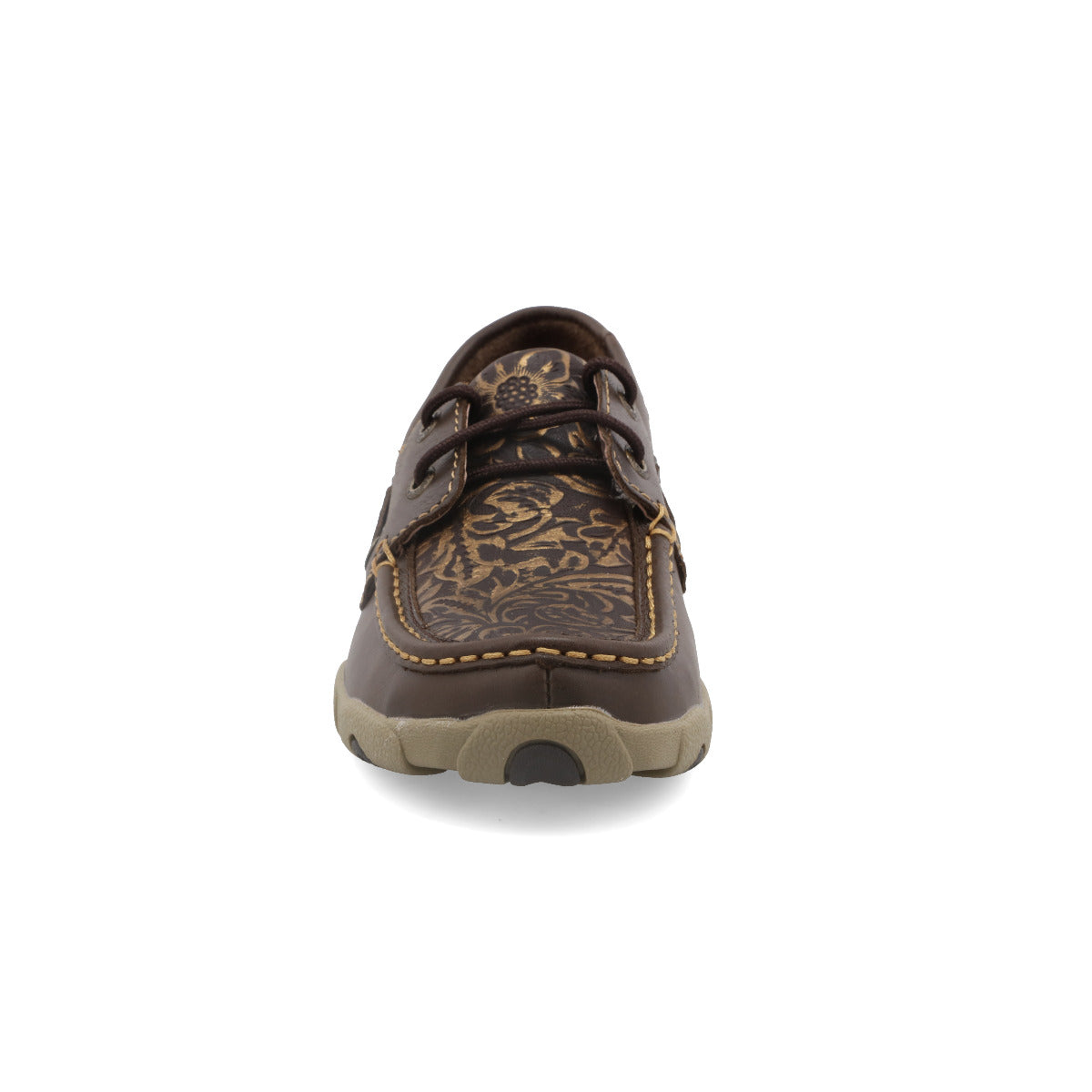 Twisted X WDM0070 Women's Boat Shoe Driving Moc - Brown with Embossed Flower, Full-Grain Leather